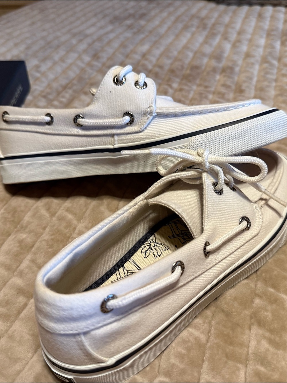 Sperry Men's White Canvas Boat Shoes with Black Trim